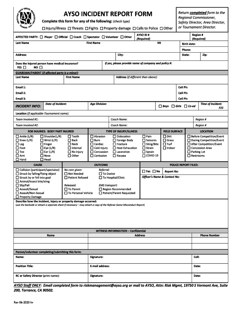  Ayso Incident Report Form AYSO Volunteer 2020-2024