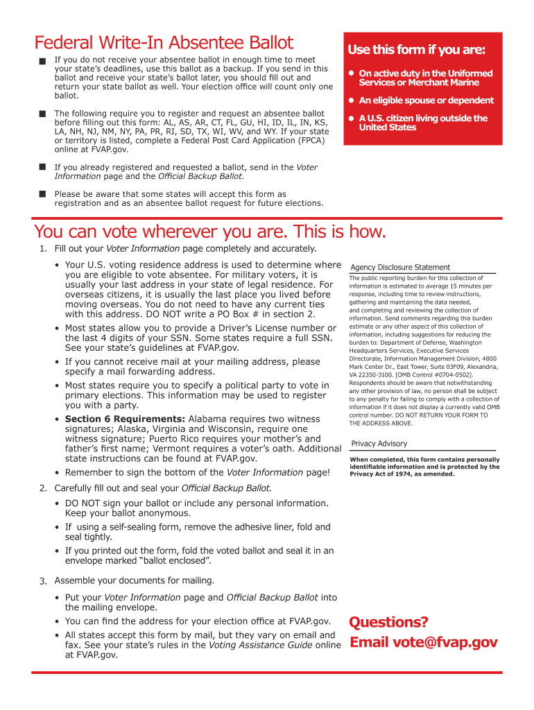  Standard Form 186 Federal Write in Absentee Ballot FWAB 2019-2024