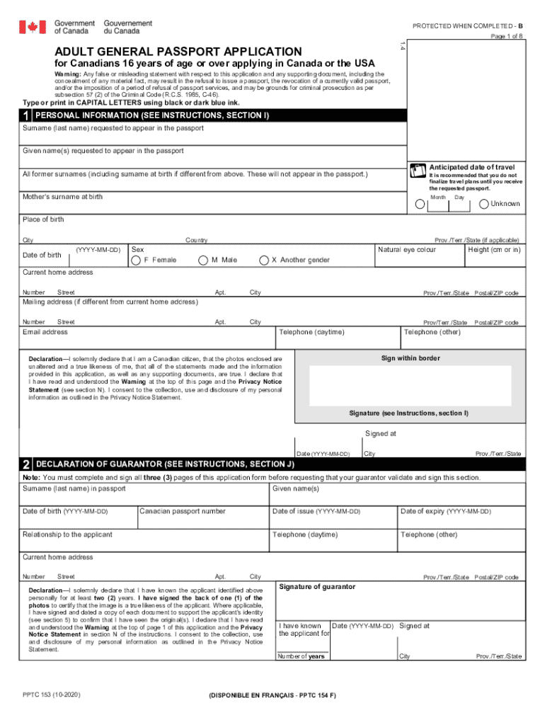  PPTC 153 E ADULT GENERAL PASSPORT APPLICATION for CANADIANS 16 YEARS of AGE or over APPLYING in CANADA or the USA 2020