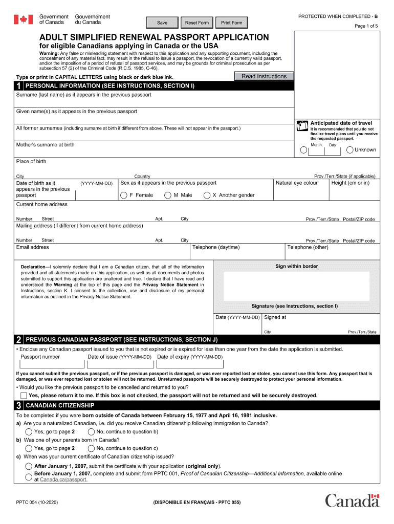  PPTC 054 E Adult Simplified Renewal Passport Application for Eligible Canadians Applying in Canada or the USA 2020