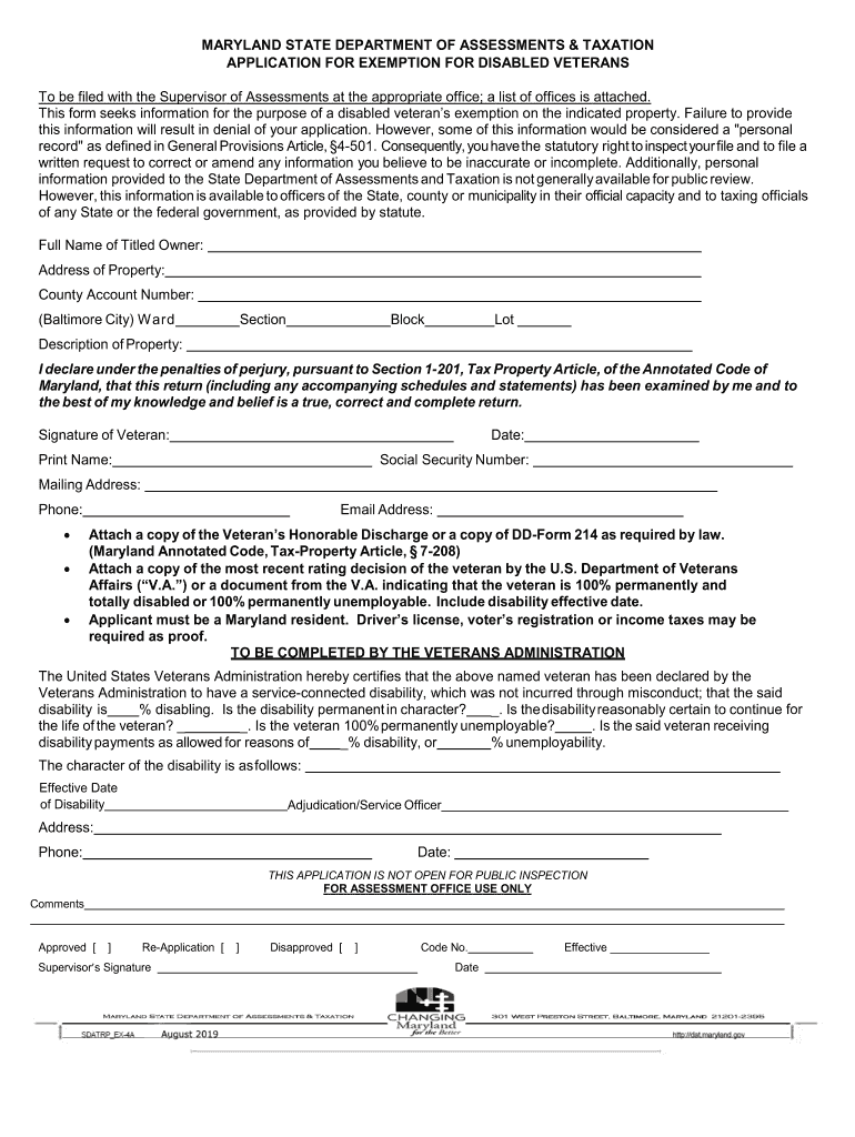 SDAT Application for Exemption for Disabled Veterans SDAT Application for Exemption for Disabled Veterans  Form