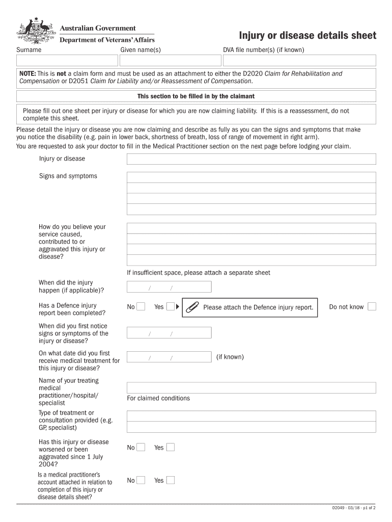  D2049 Injury or Disease Details Sheet Department of 2018-2024