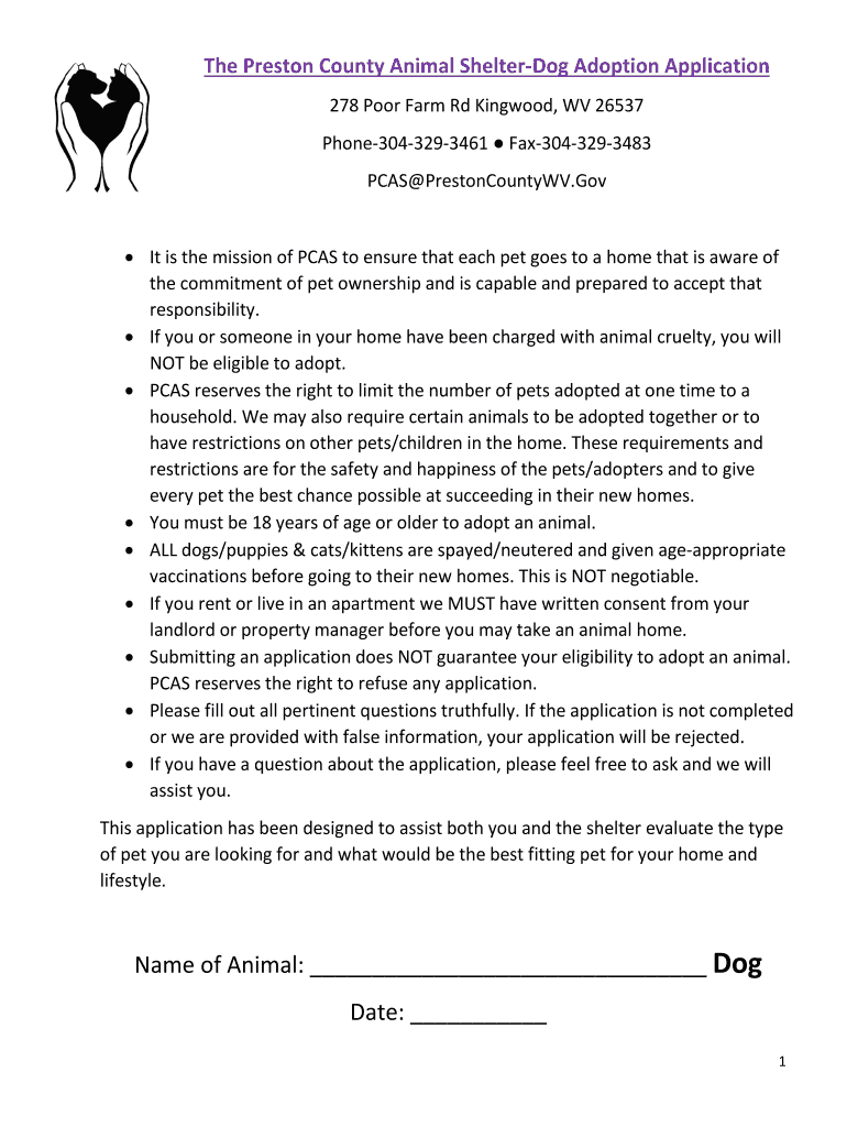 Dog Adoption Application Form Preston County Commission