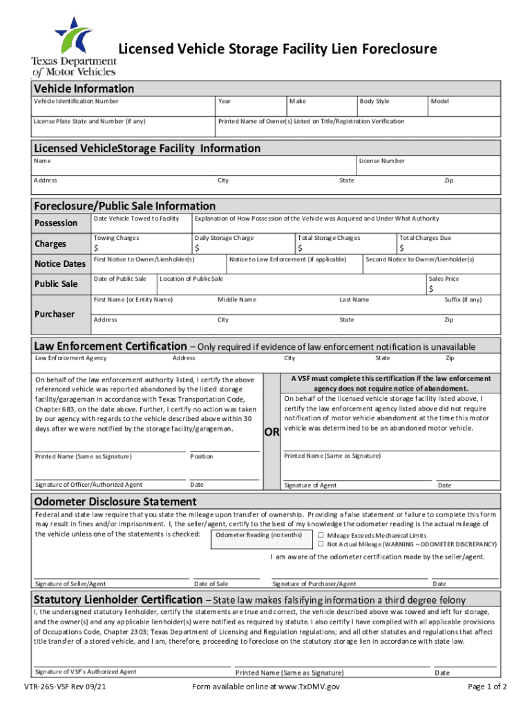 Licensed Vehicle Storage Facility Lien Foreclosure Form VTR 265