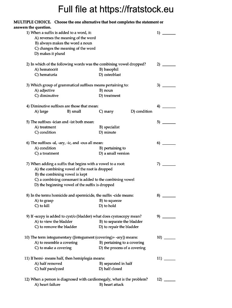 Prefixes and Suffixes Multiple Choice Questions PDF  Form