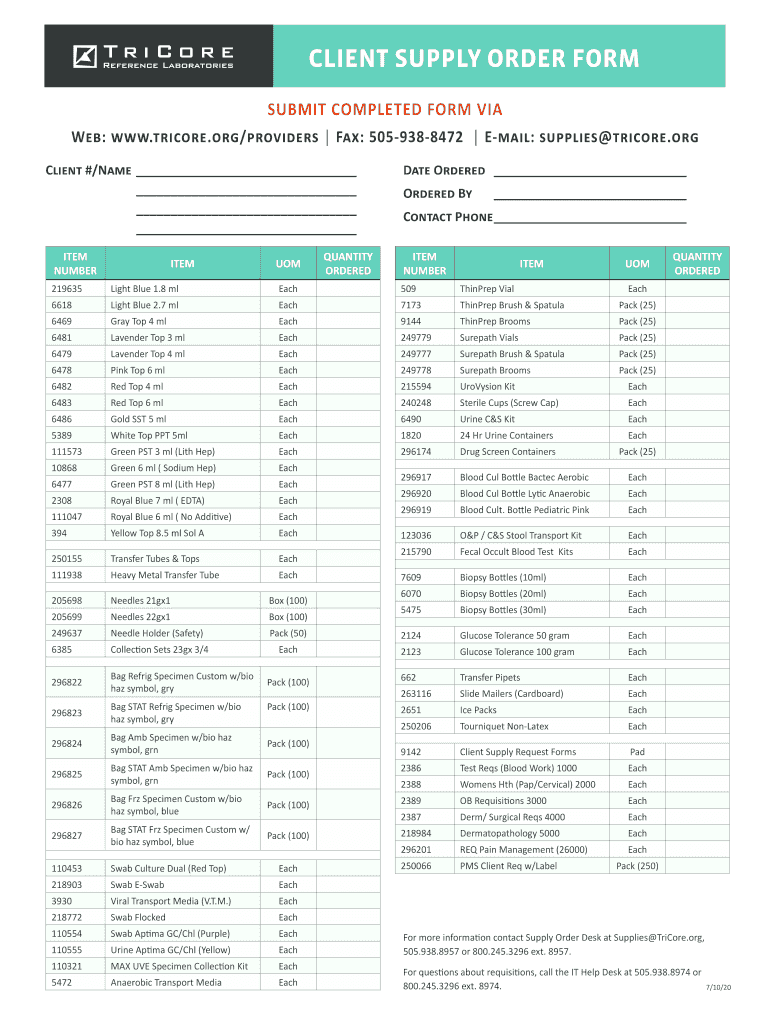 Client Supply Order Form TriCore Reference Laboratories