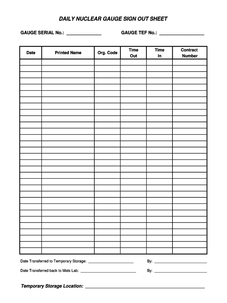 DAILY NUCLEAR GAUGE SIGN OUT SHEET  Form