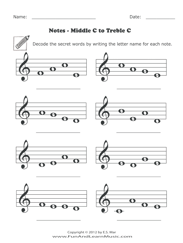 Decode the Secret Words by Writing the Letter Name for Each Note  Form