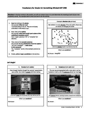 Vocabulary for Grade 12 Something Wicked List One Answer Key  Form