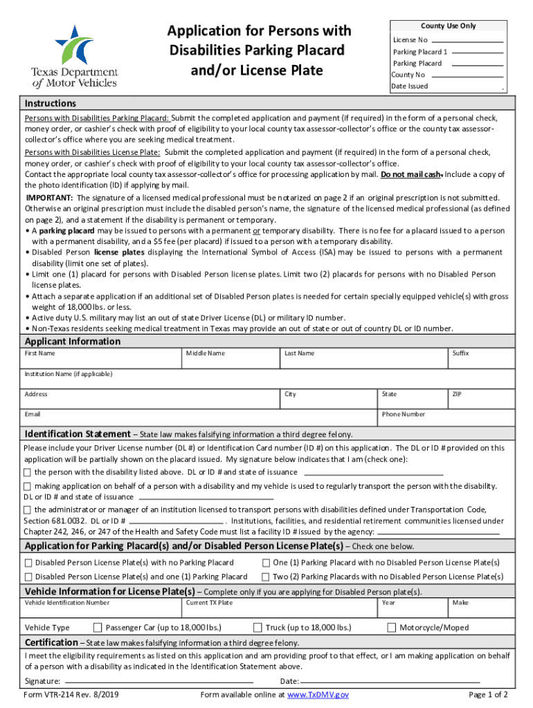  Handicap Parking Permit 2019-2024