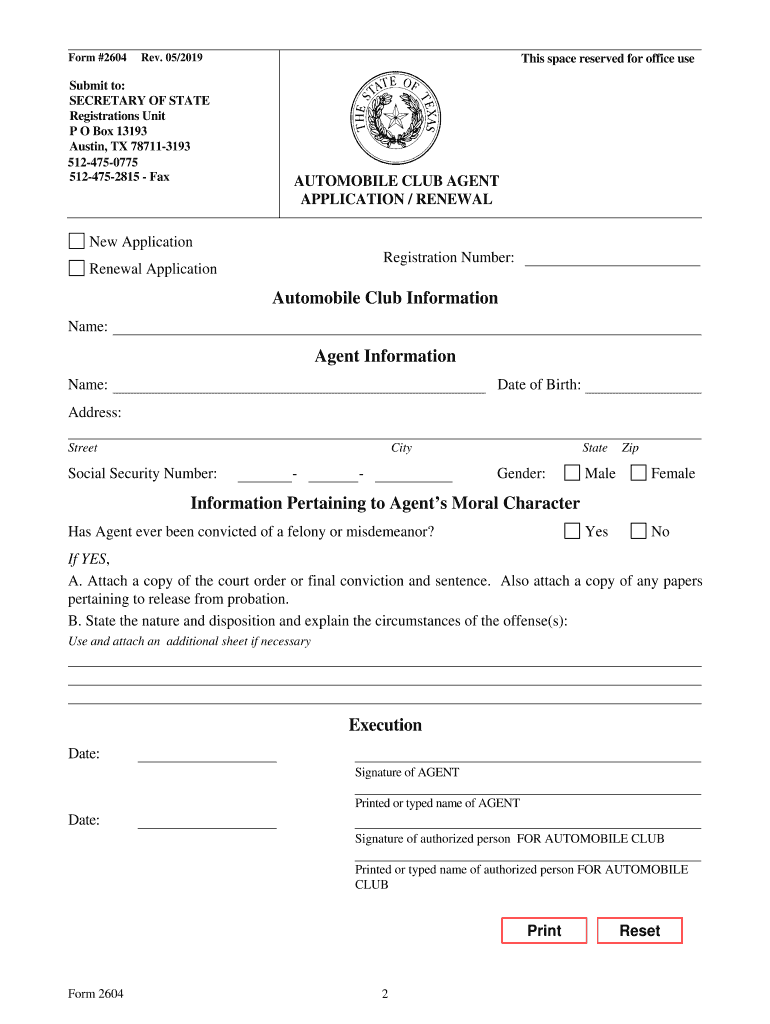  Form 2604 AUTO CLUB AGENT APPLICATIONRENEWAL 2019-2024