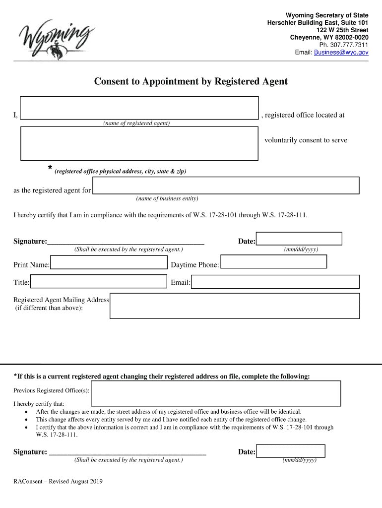 Get and Sign Consent Form Wyoming Secretary of State 2019-2022