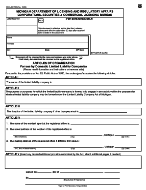  701 Articles of Organization State of Michigan 2020