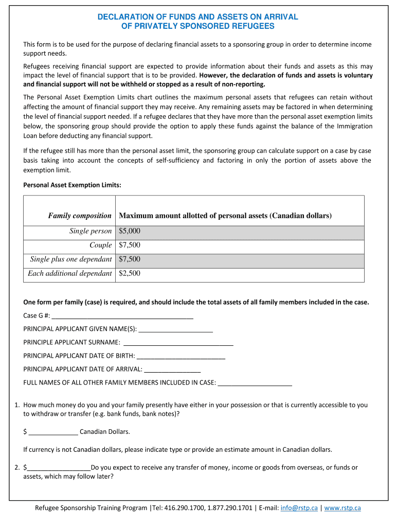  Declaration of Funds and Assets on Arrival Refugee 2019-2024