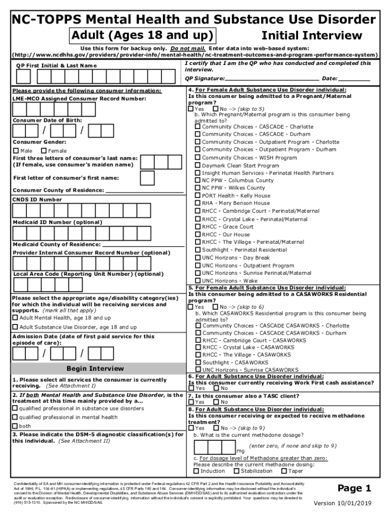  NC NC TOPPS Mental Health and Substance Abuse Initial Interview Ages 18 and Up 2019-2024