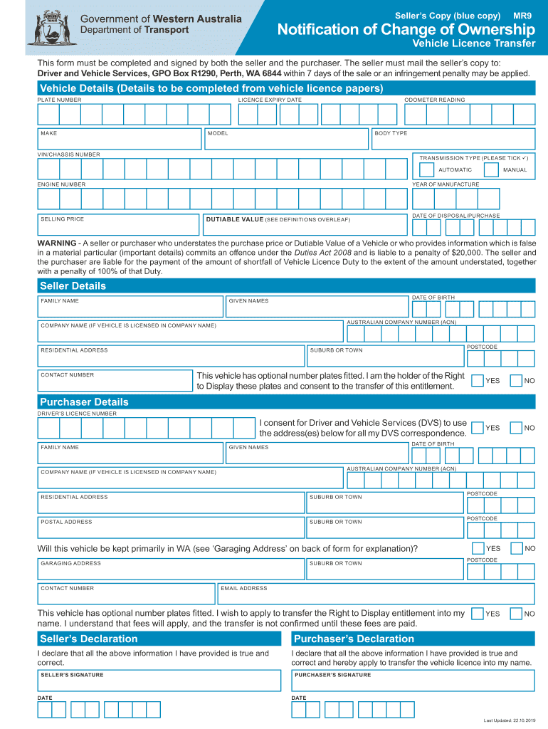  Notification of Change of Ownership Vehicle Licence Transfer Form MR9 2019