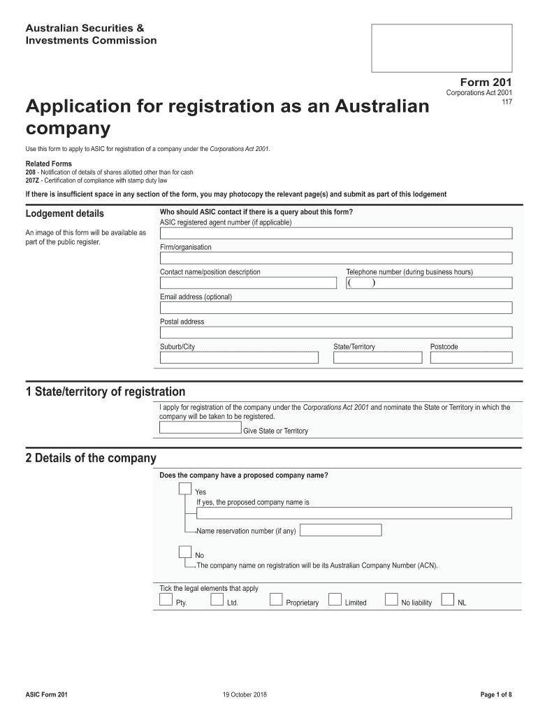  Asic Form 201 2018-2024