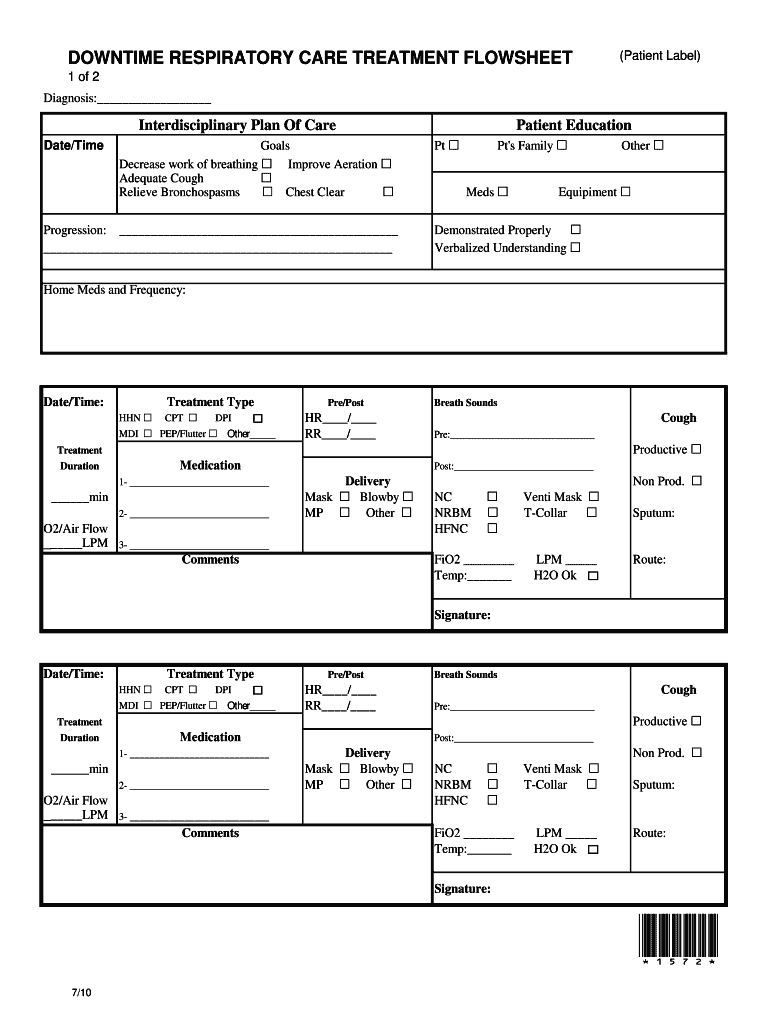 DOWNTIME RESPIRATORY CARE TREATMENT FLOWSHEET  Form