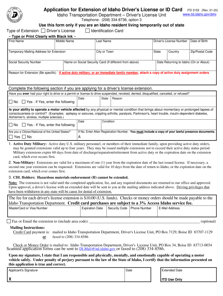  Application for Extension of Idaho Driver's License or ID Card 2020-2024