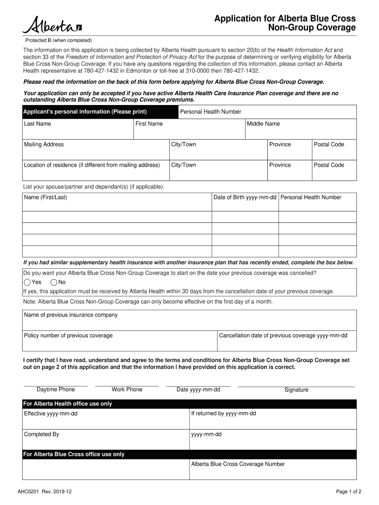  Application for Alberta Blue Cross Non Group Coverage 2019-2024