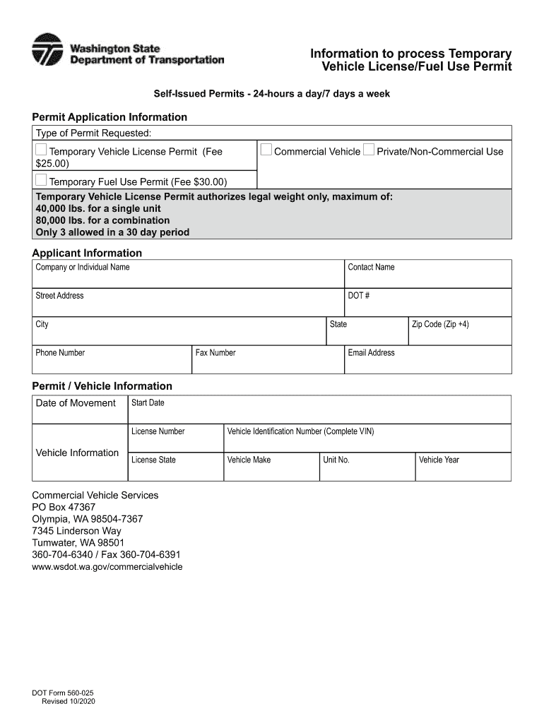  560 025 Information to Process Temporary Vehcile License Fuel Use Permit 2020-2024