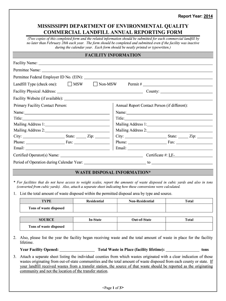 COMMERCIAL LANDFILL ANNUAL REPORTING FORM Deq State Ms