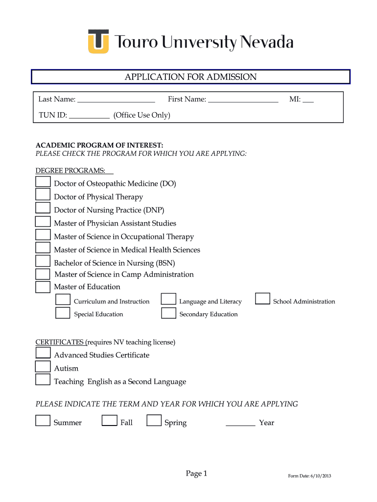 APPLICATION for ADMISSION Touro University Nevada  Form