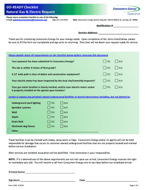 Go Ready Checklist Natural Gas and Electric Request Form 1250