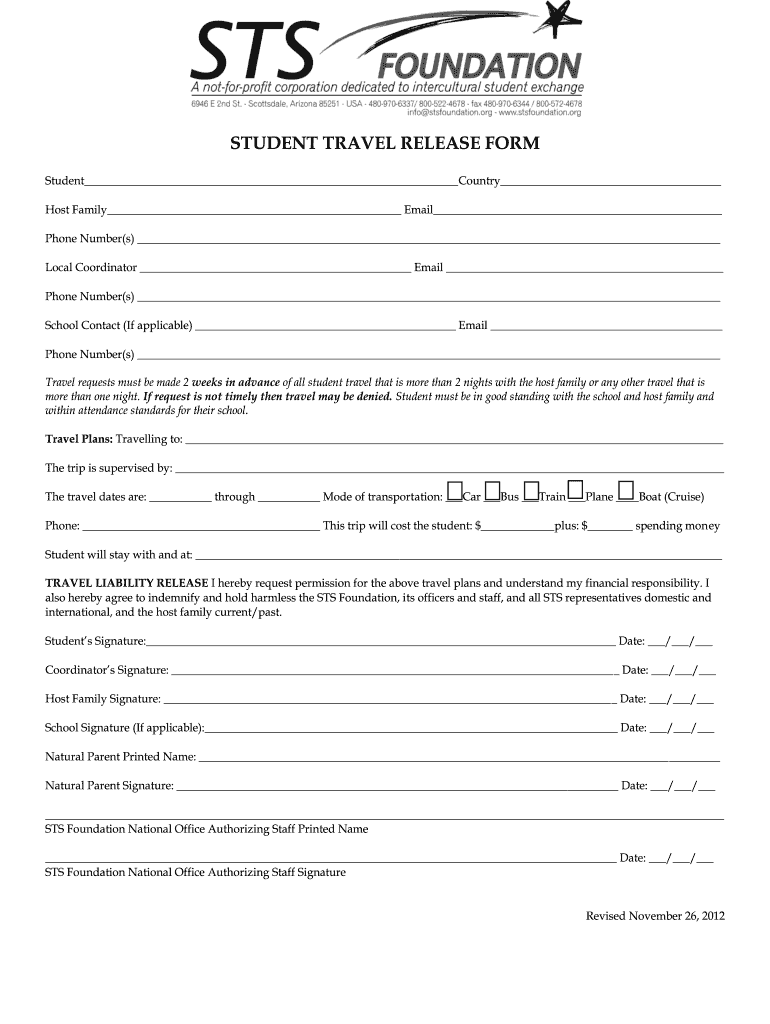  STUDENT TRAVEL RELEASE FORM  STS Foundation  Stsfoundation 2012-2024