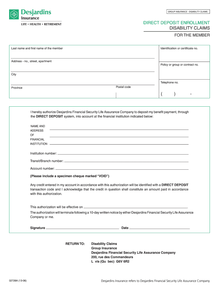  Direct Deposit Enrollment Disability Claims  Desjardins Life Insurance 2013