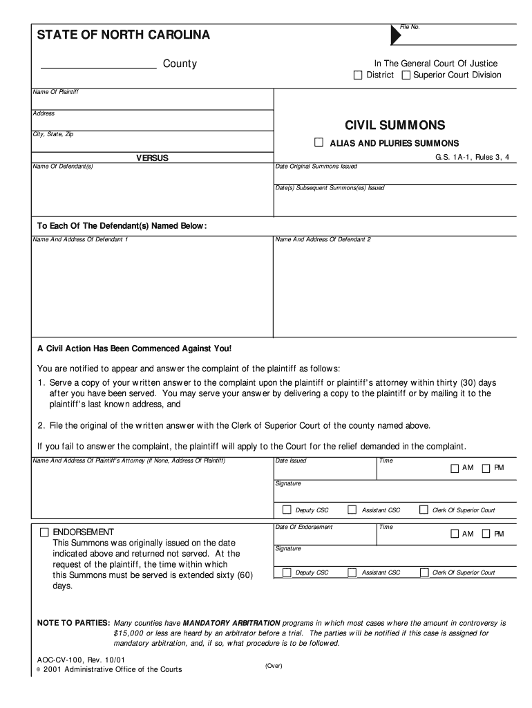 Nc Civil Summons Answer Form