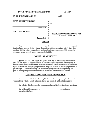 Waive 90 Day Waiting Period Divorce Iowa  Form