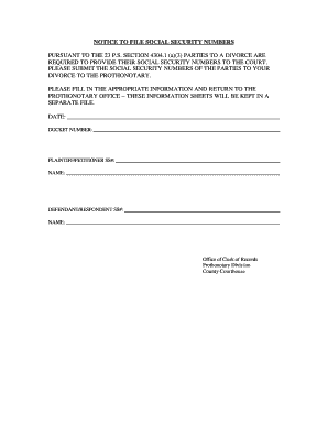 Notice to File Social Security Numbers Divorce Papers and Divorce Bb  Form