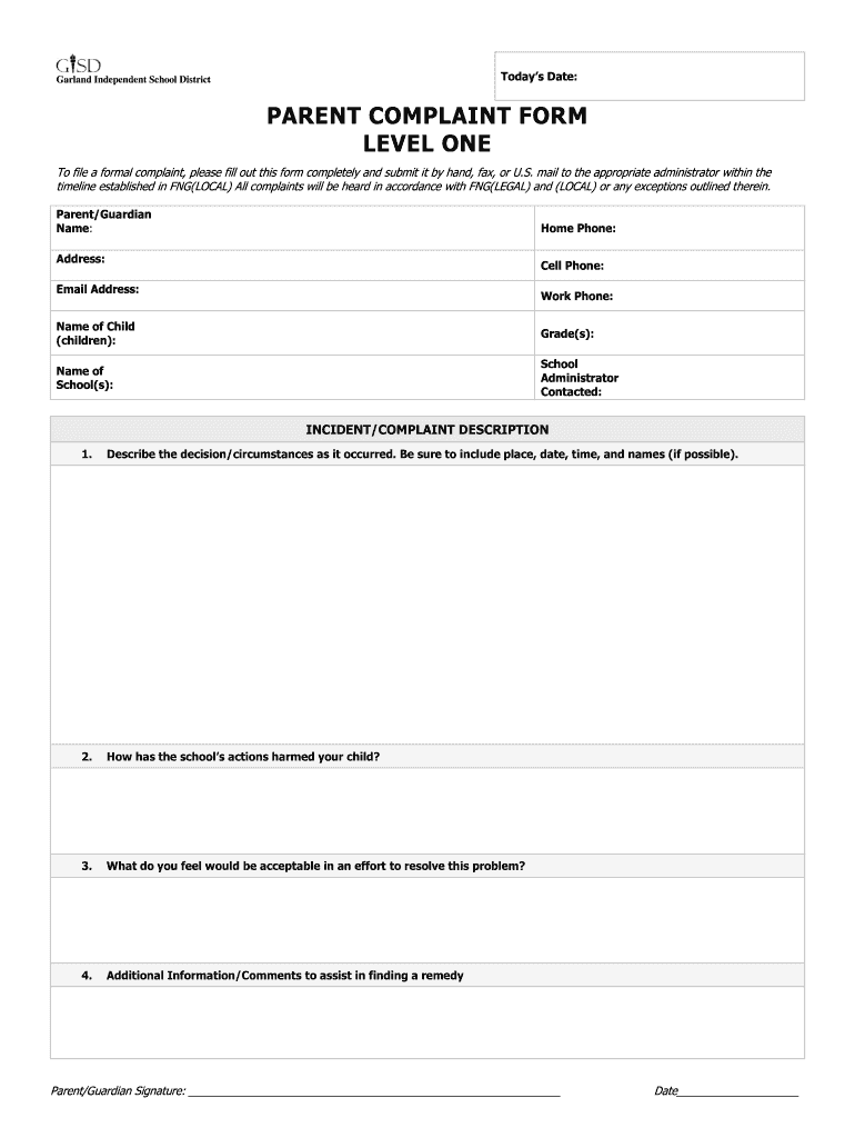 Parent Complaint Form Level One Garland Independent School District