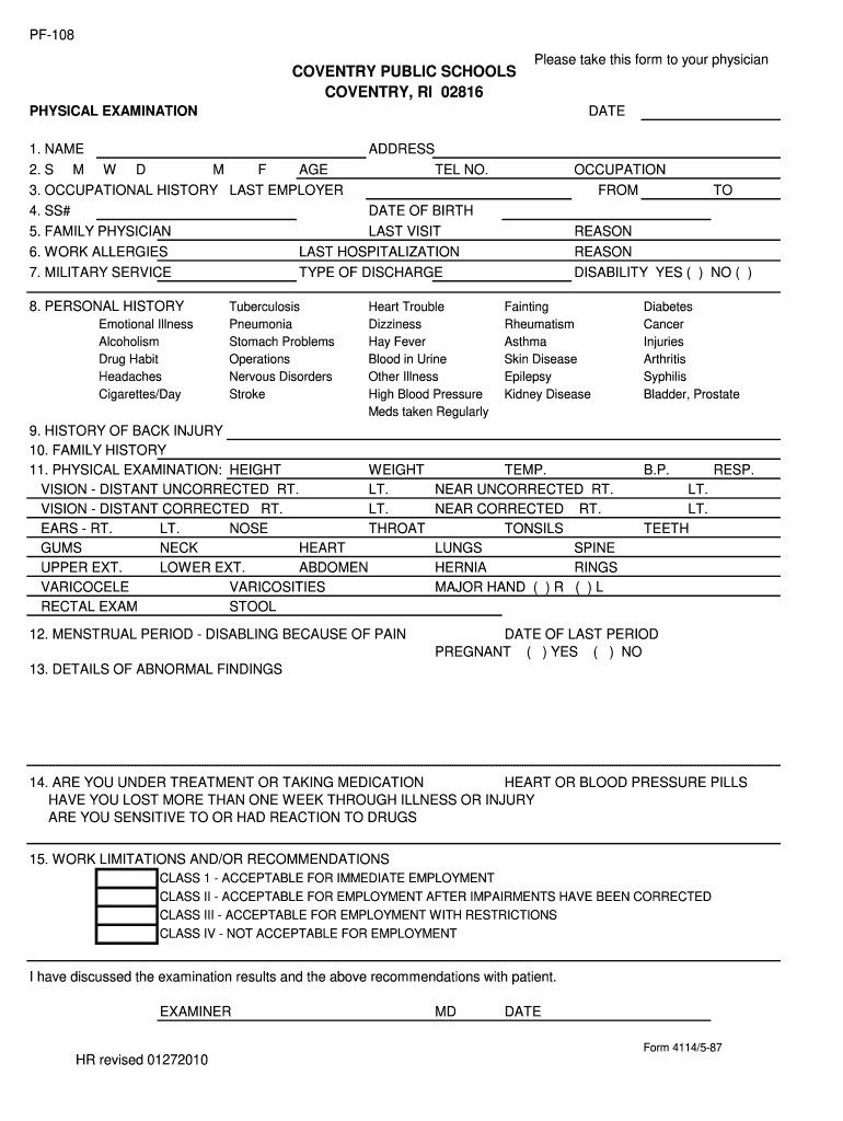  Pre Employment Physical Form 2010-2024