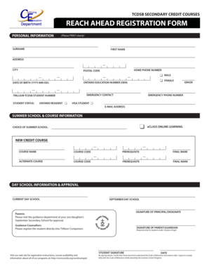 Summer School Registration Form Reach Ahead Tcdsb