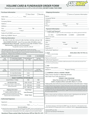 Subway Volume Card and Fundraiser Order Form