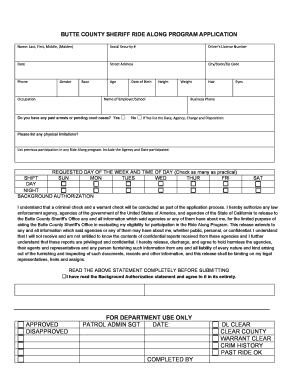 Ride along Program Application Butte County  Form