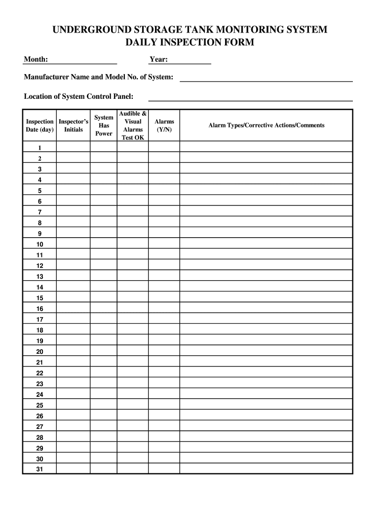 Underground Storage Tank Monitoring System Daily Inspection Form