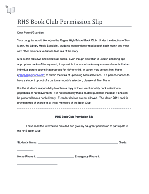 Book Club Permission Slip Template  Form