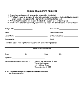 Alumni Transcript Request Form Doherty Guidance Doherty Guidance Doherty Worcesterschools