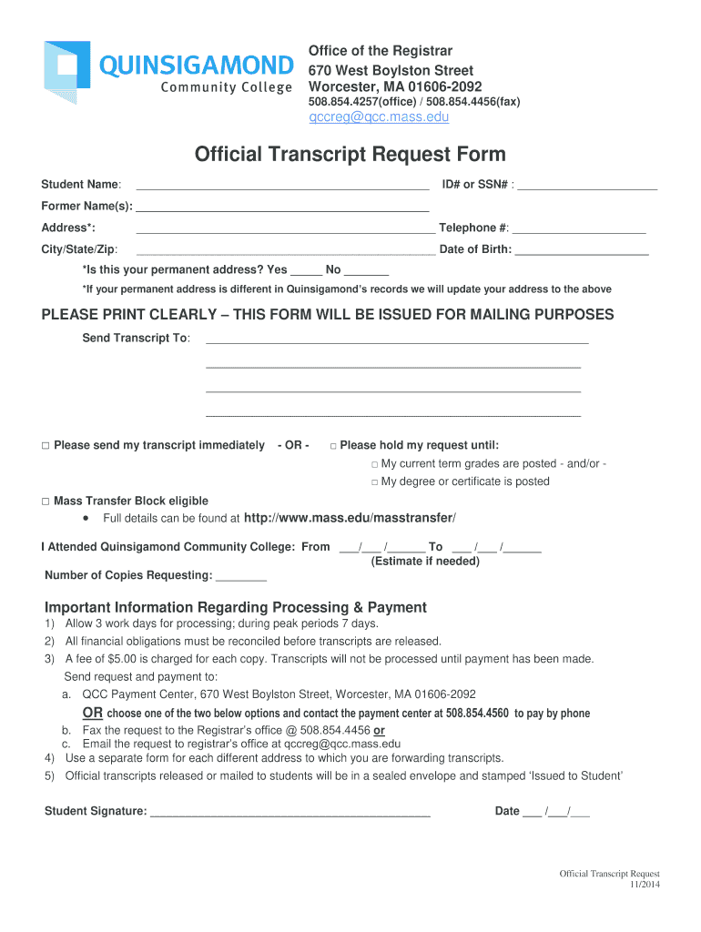  Quinsigamond Community College Transcript Request 2014-2024