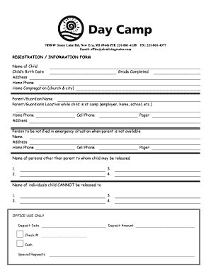 Sample Day Camp Registration Form for Parents Living Water