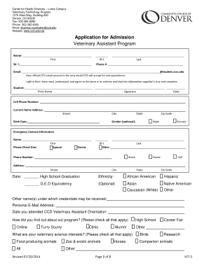 Application for Admission Veterinary Assistant Program Community Ccd  Form