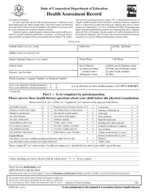 Health Assessment Record Blue Form Bridgeport Board of Danbury K12 Ct