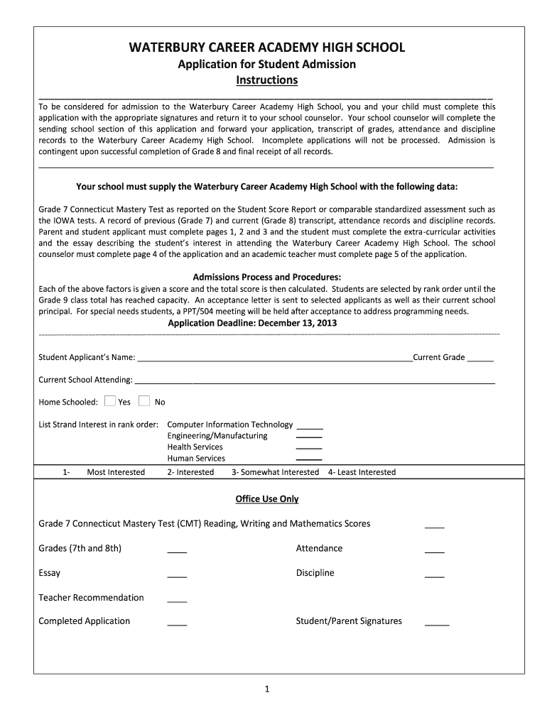 Waterbury Career Academy Application Form