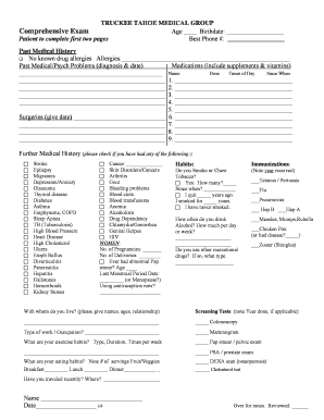 Comprehensive Physical Exam  Form