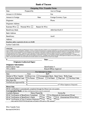 Wire Transfer Form to Document OFAC Check on Outgoing Wires