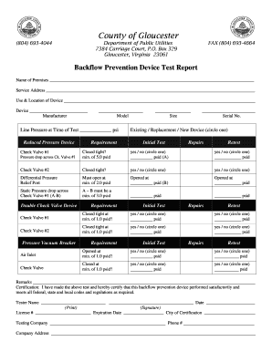 Backflow Prevention Device Test Report Gloucester County Virginia Gloucesterva  Form