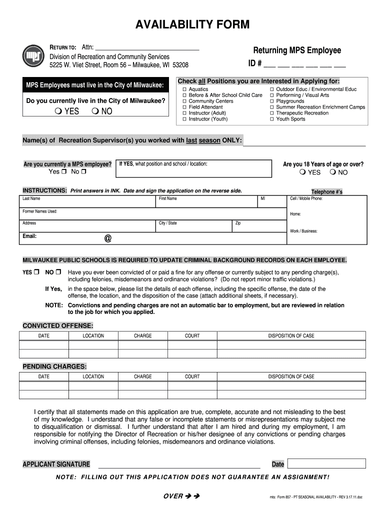 Availability Form  Milwaukee Recreation  Milwaukeerecreation